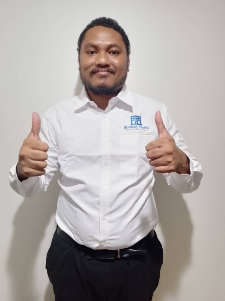 Bizclean Pacific CEO Titi thumbs up